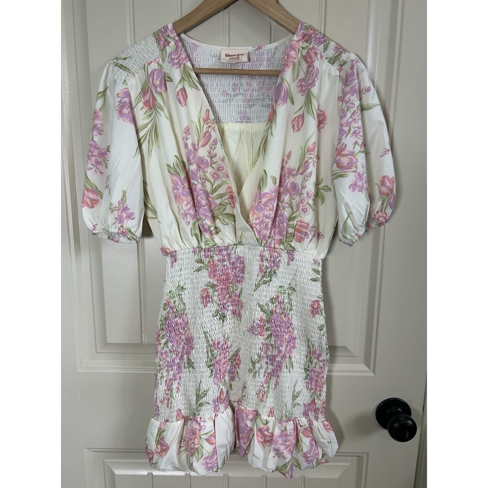 Showpo Floral Mini Dress Women Sz 4 White Pink Puff Sleeve Smocked Cottagecore